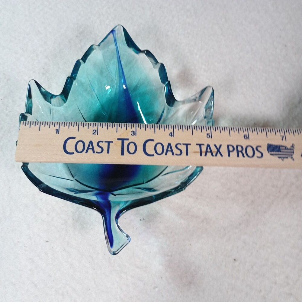 Studio Nova Cobalt Blue Green Maple Leaf Art Glass Dish Candy Trinket Holder - Picture 12 of 14